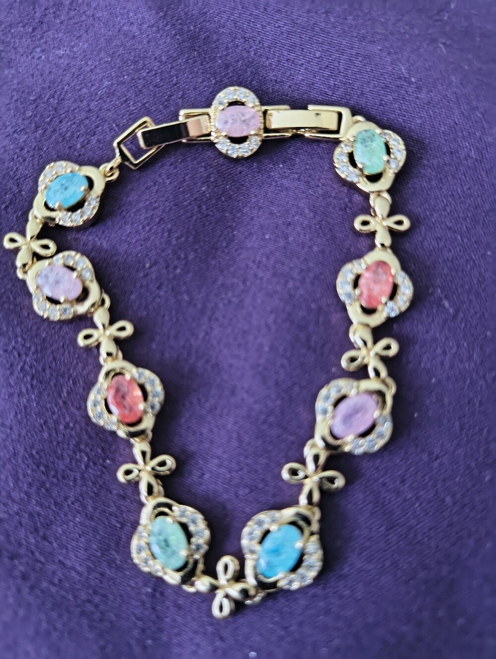 Stunning Multi color Gemstone Gold Tone Tennis Bracelet. Estate Find. SO PRETTY